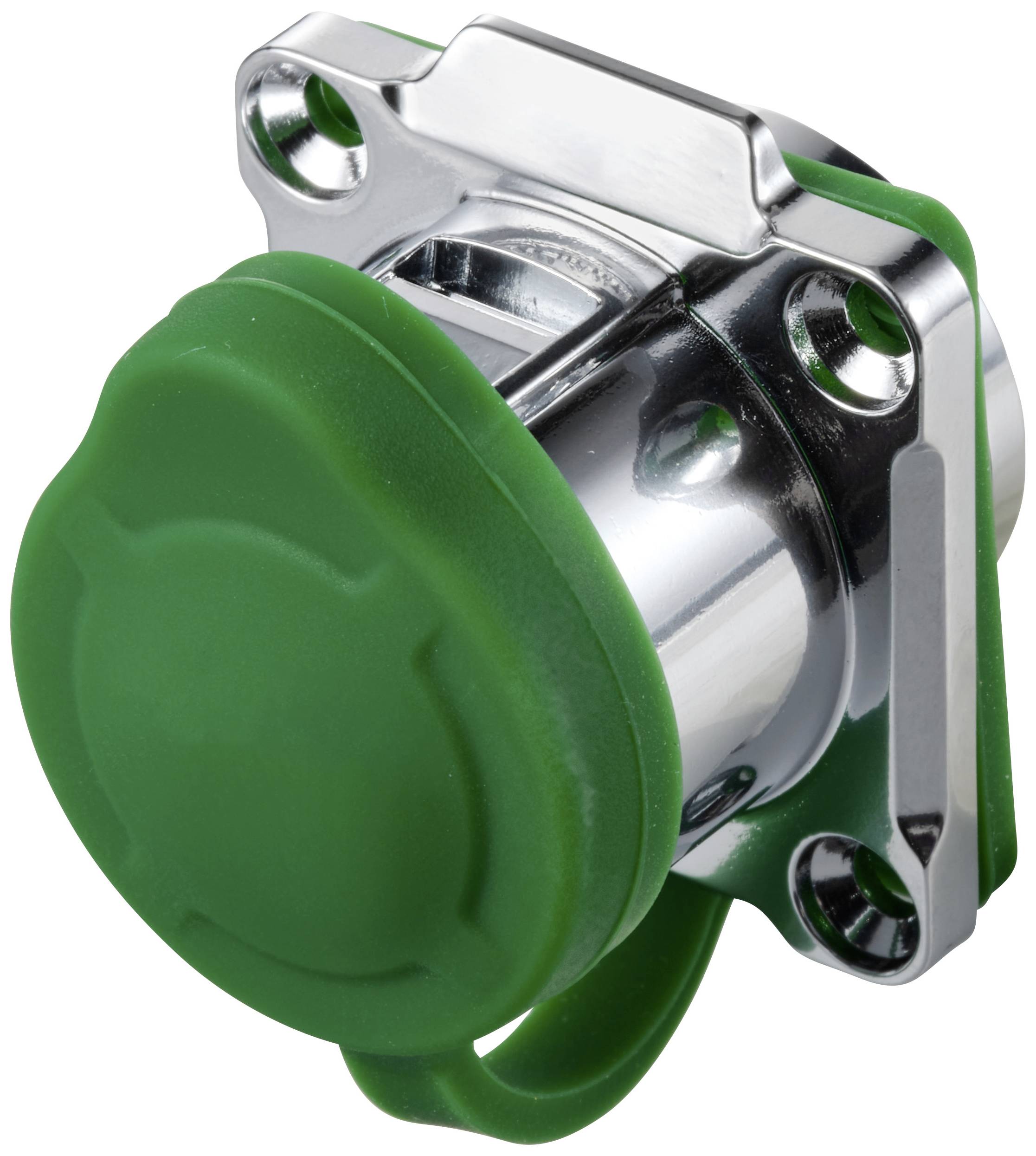 Un raccordo metallico cromato con coperchio di chiusura in plastica verde. Progettato per connessioni elettriche e copertura di sicurezza.