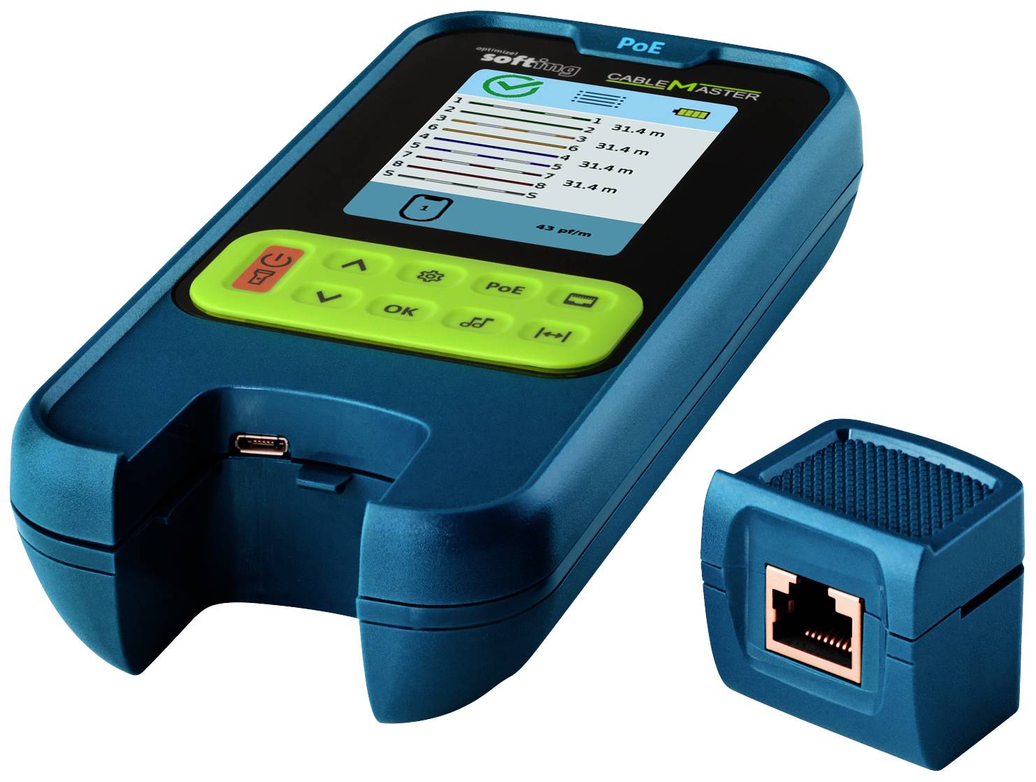 Un dispositivo tester per cavi blu con display mostra i risultati delle misurazioni, accanto a un adattatore di connessione rimovibile.