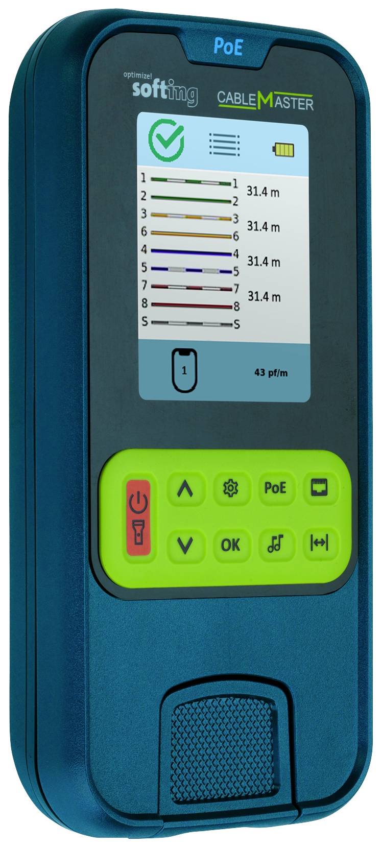 Un pratico dispositivo per il test dei cavi che mostra sette risultati di test come "Superato", ciascuno con una lunghezza di 31,4 metri.