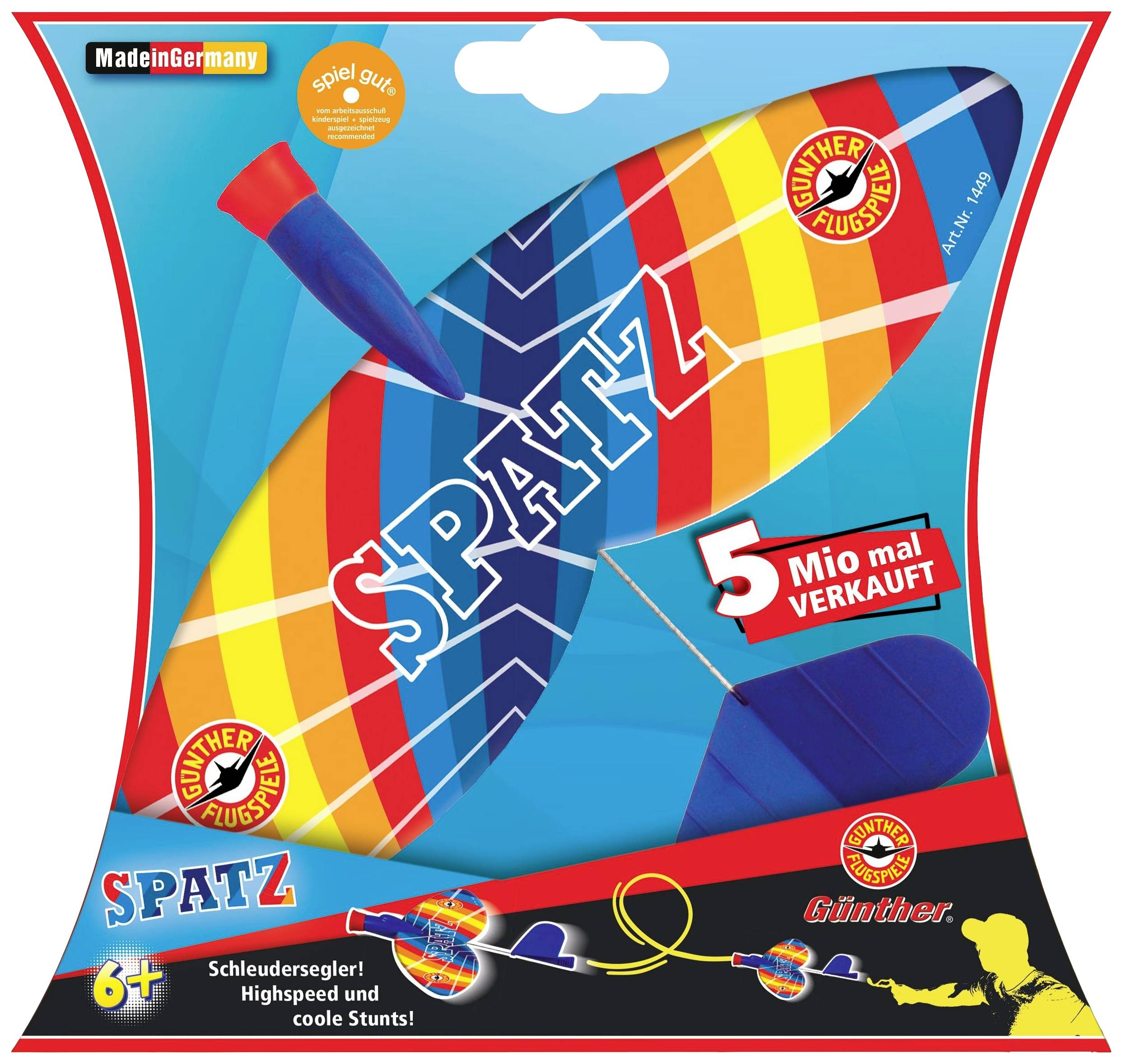 Confezione di un aliante colorato chiamato 'SPATZ'. In evidenza: '5 milioni di volte venduto'. Per bambini dai 6 anni in su.