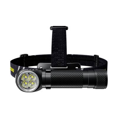 Lampada frontale nera con quattro luci LED e cinghia regolabile, ideale per attività notturne o avventure all'aperto.
