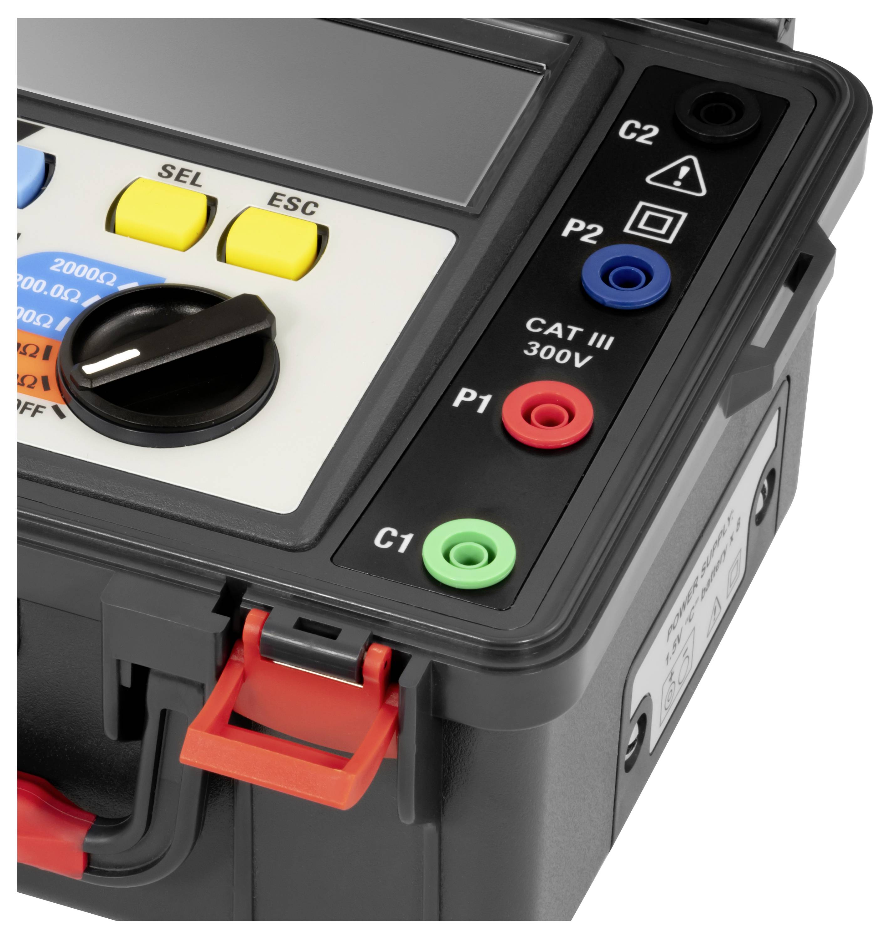 Dispositivo di misurazione elettronico con manopola di regolazione, tasti colorati e connettori per CAT III 300V, identificabile mediante diversi simboli.