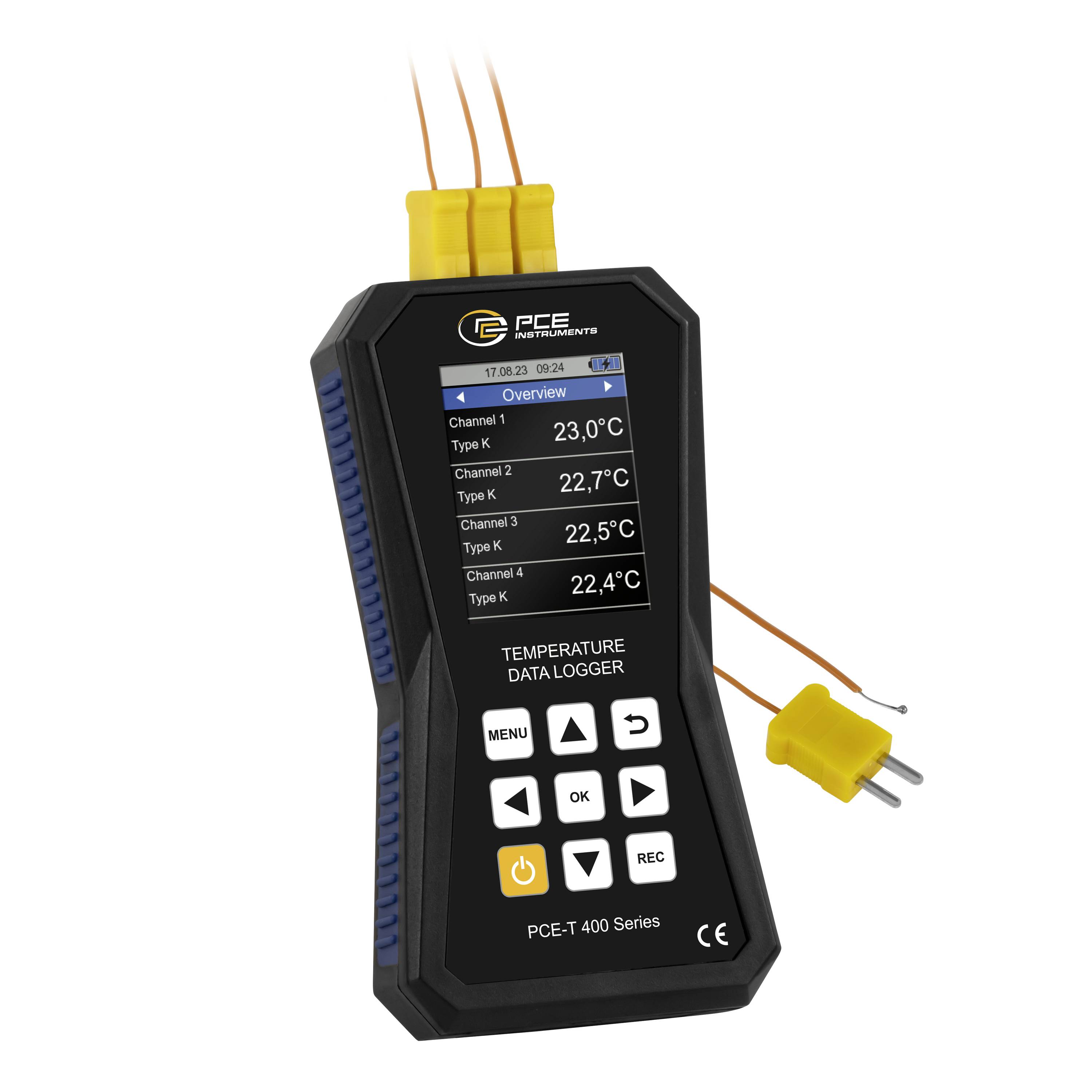 Registratore di dati di temperatura PCE-T 400 Series portatile con display a quattro canali, pulsanti e sonde termocoppia allegate che mostrano letture in Celsius.