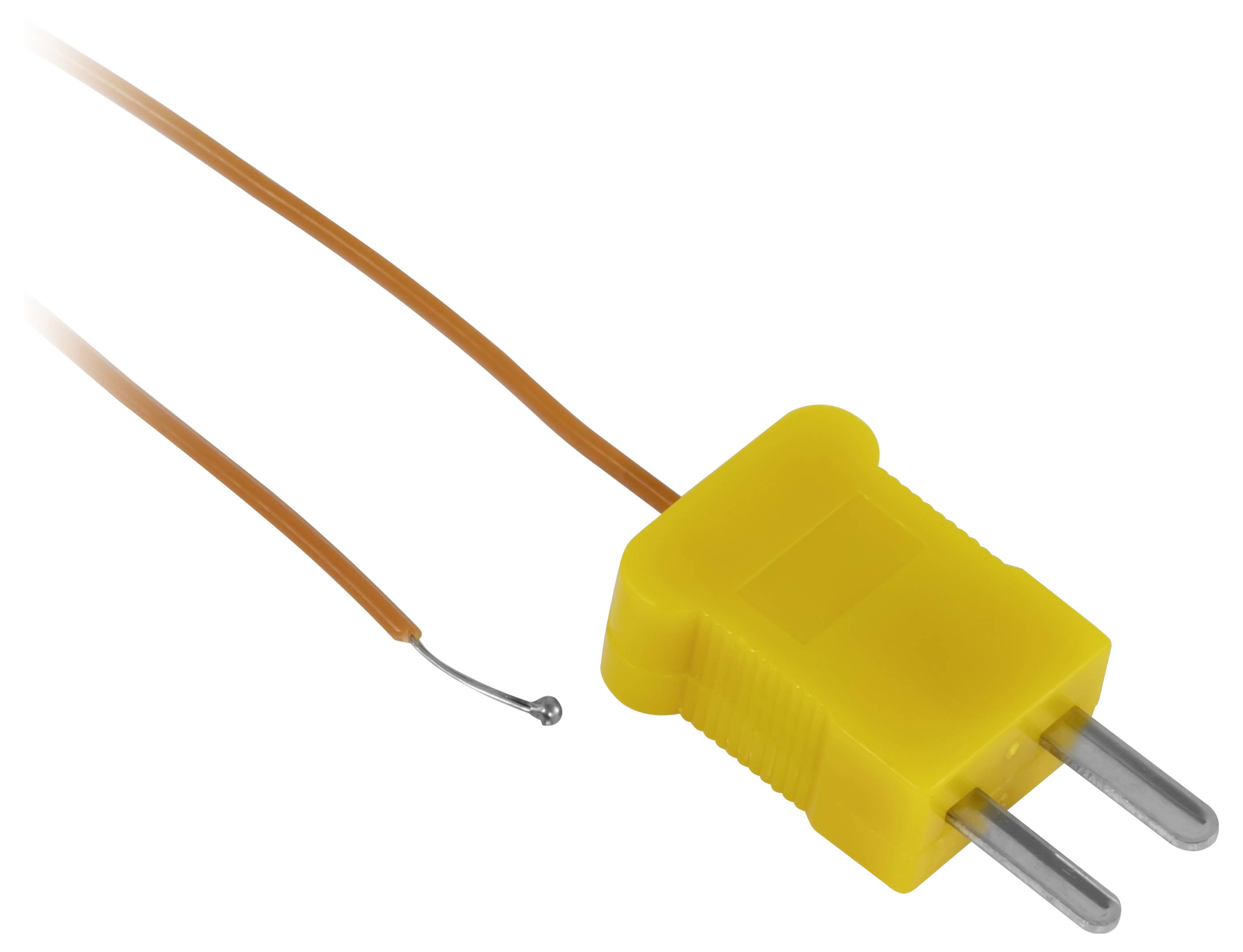 Connettore elettrico giallo a due poli con due fili arancioni esposti e l'estremità di un filo spellato su uno sfondo bianco.
