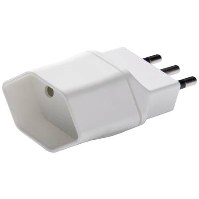 Adattatore per prese elettriche bianco con connessione a tre poli, disposto lateralmente. Progettato per collegare dispositivi con diversi tipi di spine.