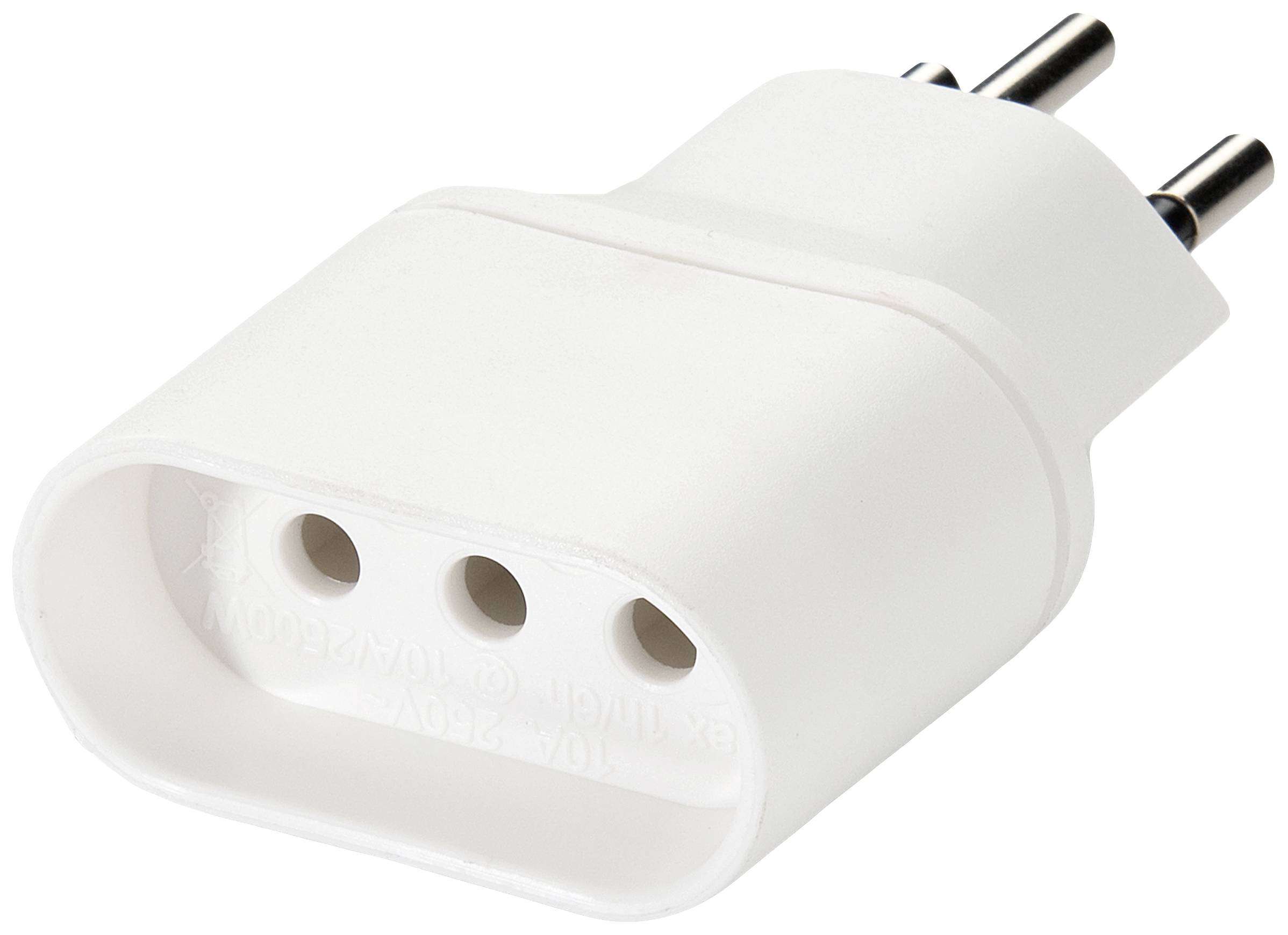 Un adattatore elettrico bianco, angolato, per una spina europea a due pin metallici e tre prese.