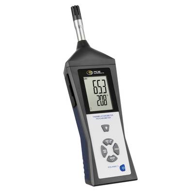 Termometro-igrometro digitale portatile con sonda, che mostra letture di 65,3 e 20,8 sul suo display.