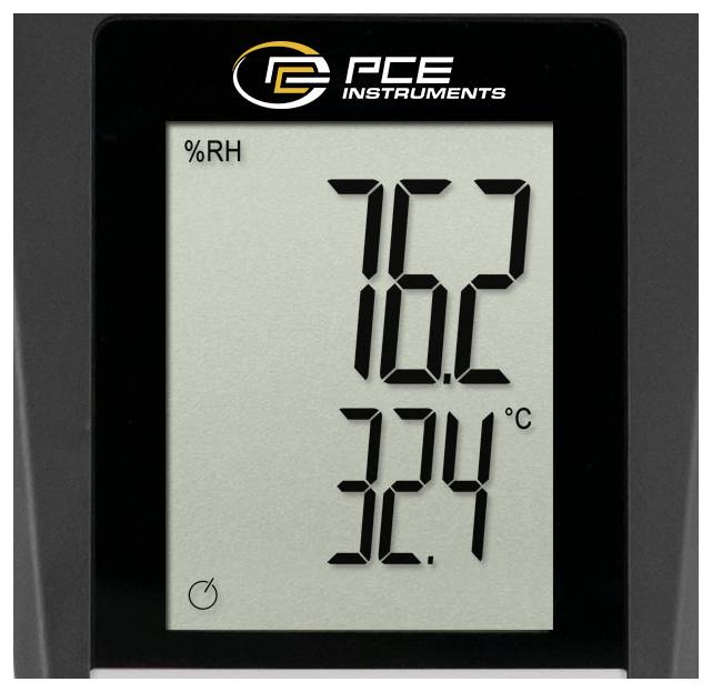 Display di igrometro digitale che mostra il 76,2% di umidità relativa e 32,4°C su un dispositivo PCE Instruments.