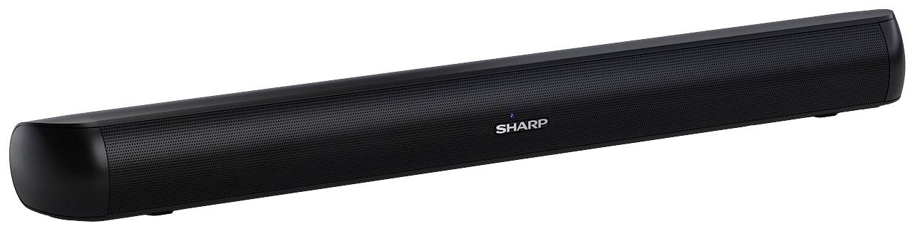 Una soundbar nera Sharp dal design sottile, ideale per migliorare l'audio del televisore.