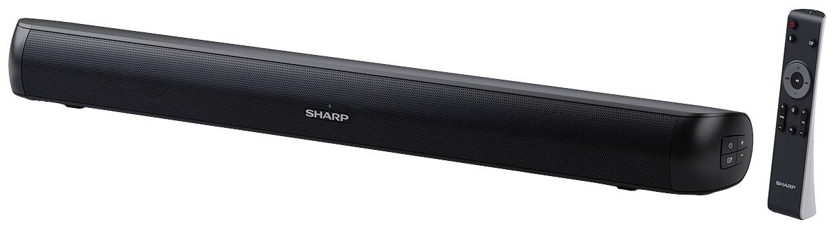Una soundbar nera con il marchio 'Sharp' sul davanti, accanto a un telecomando coordinato.