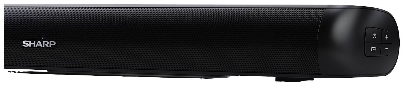 Una soundbar nera con il marchio 'Sharp' e comandi sul lato destro. È progettata in modo semplice e moderno.
