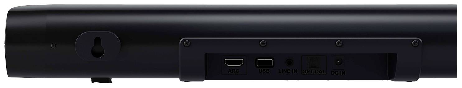 Parte posteriore di una soundbar nera con connessioni: HDMI, USB, LAN, AUX e alimentazione. Adatta al collegamento con dispositivi audio.