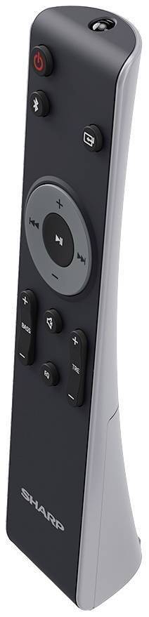 Telecomando con involucro nero, bordo argentato e diversi tasti, tra cui il controllo del volume e il tasto di riproduzione.