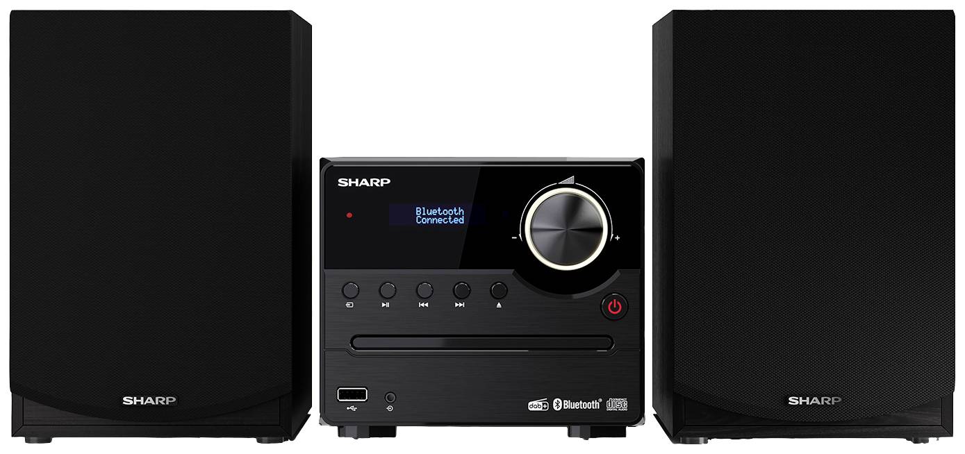 Un impianto stereo nero con due altoparlanti e un pannello di controllo centrale con pulsanti, un display e una manopola di regolazione.