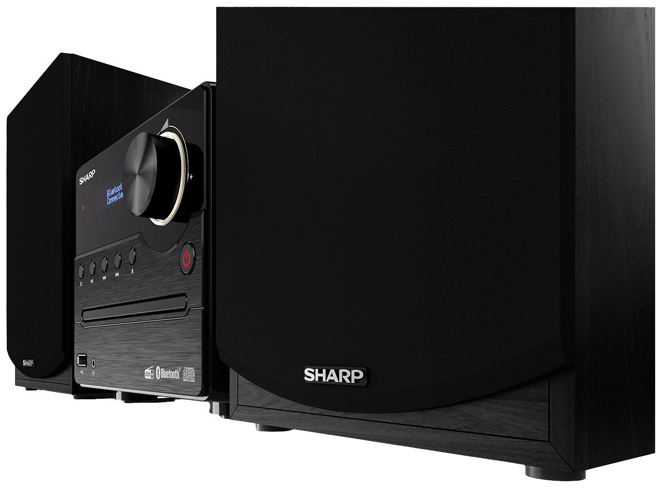 Impianto stereo compatto in nero con logo Bluetooth, altoparlanti e pannello di controllo centrale con manopole e tasti.