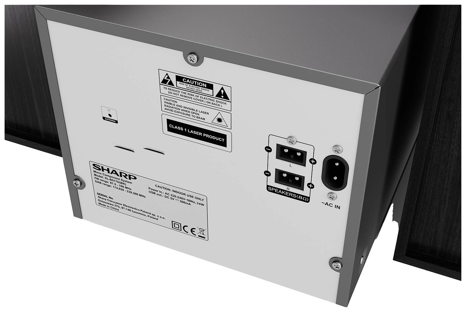 Vista posteriore di un dispositivo con etichette, classificazione del prodotto laser e connettori per altoparlanti e alimentazione.