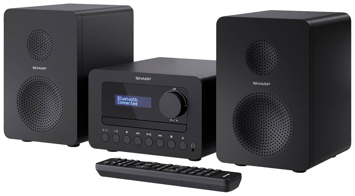 Un impianto stereo compatto nero con due altoparlanti, un'unità centrale principale con display che mostra 'Bluetooth Connected' e un telecomando.