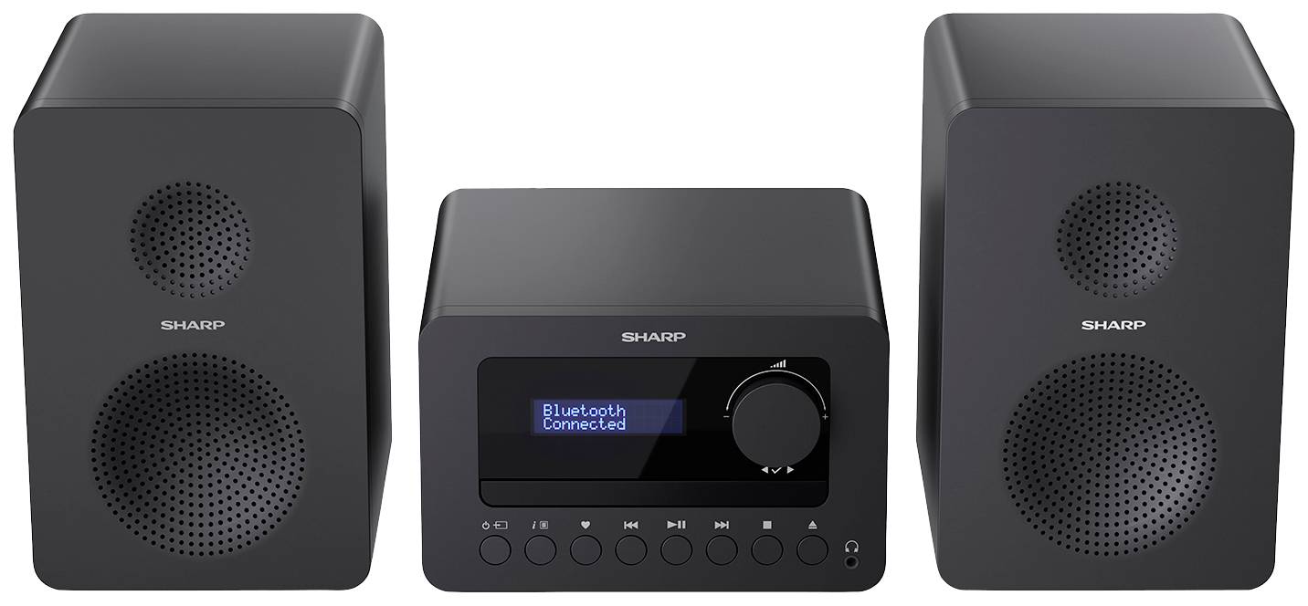 Impianto stereo compatto con due altoparlanti e un display centrale che indica 'Bluetooth Connected'.
