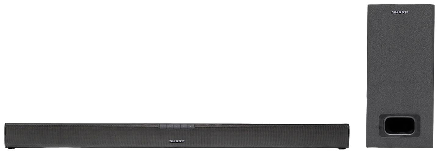 Soundbar nera con subwoofer separato, ideale per migliorare l'audio del cinema domestico.