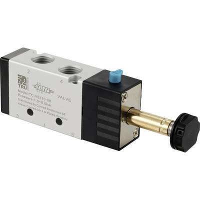 Valvola di regolazione della pressione, modello TC-V5210-08, con pulsante nero e interruttore blu, idonea per pressioni da 1,5 a 8,0 bar.