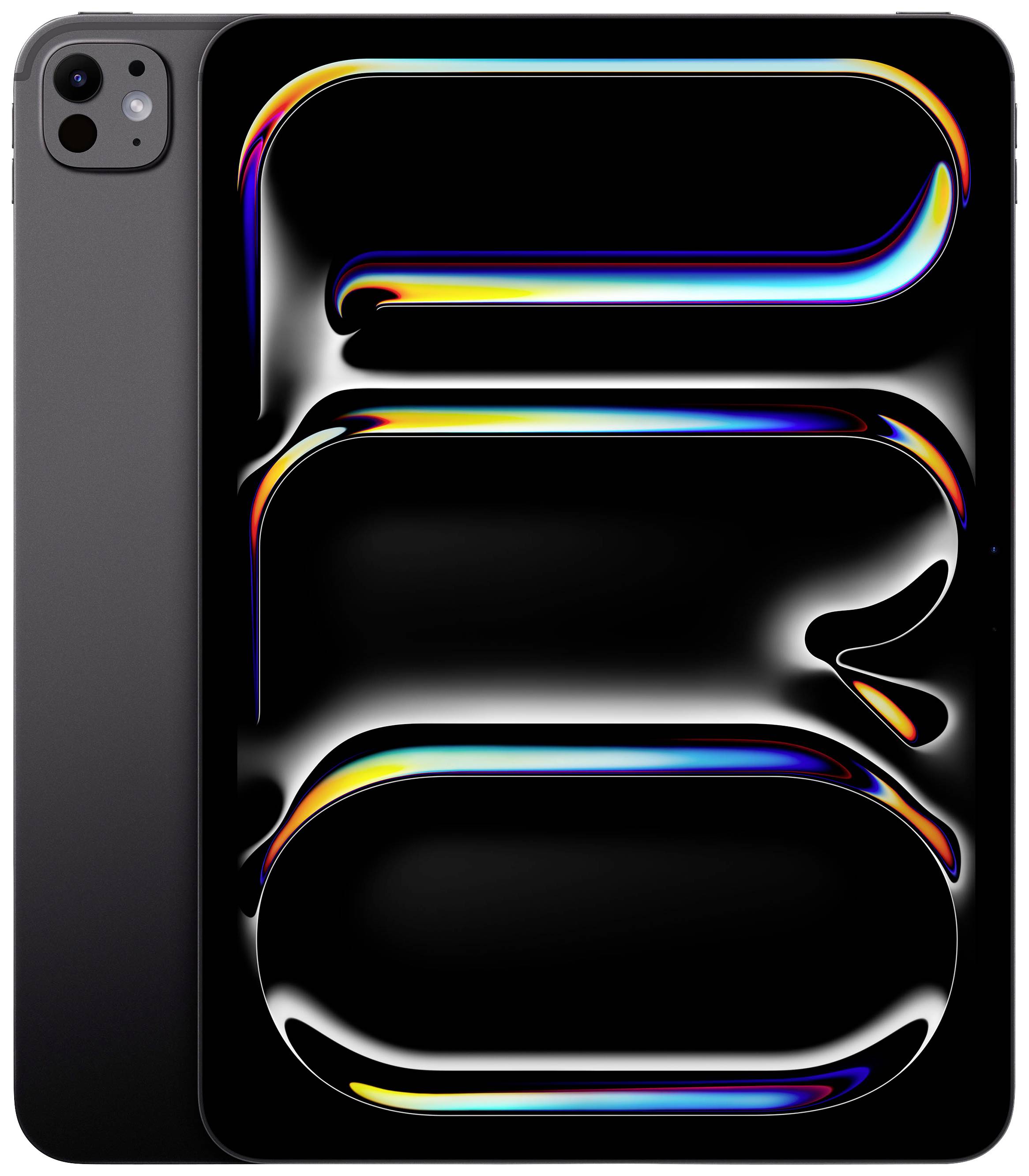 Tablet con un grafico astratto iridescente sullo schermo che mostra il numero '50' in un carattere futuristico e levigato.