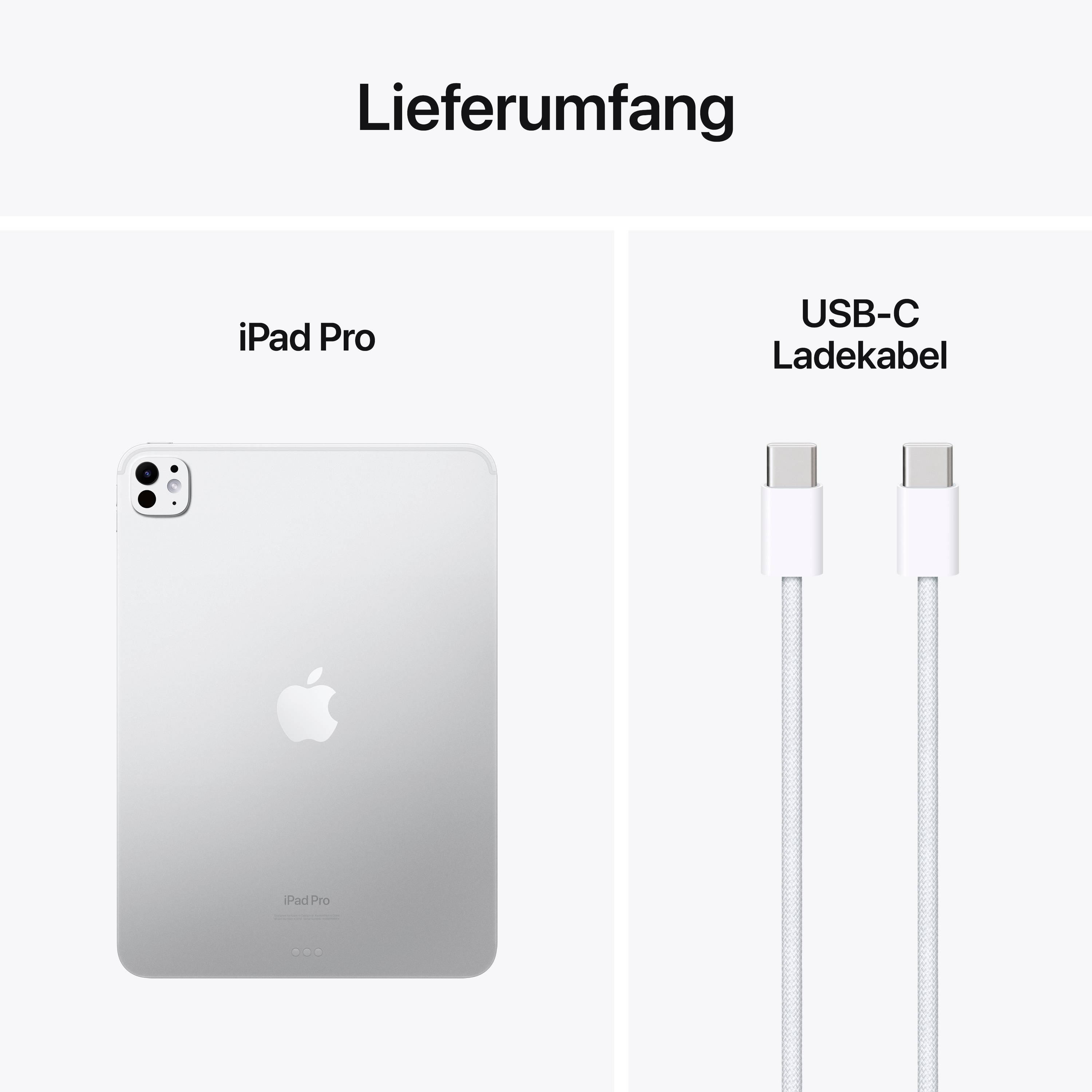 'Contenuto della confezione: iPad Pro e cavo di ricarica USB-C illustrati. iPad Pro a sinistra, colore argento; a destra il cavo di ricarica USB-C.'