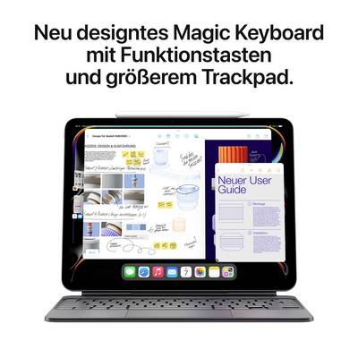 'Tablet con nuova Magic Keyboard, tasti funzione e trackpad più grande. Schermo mostra note e 'Nuova Guida Utente'.'