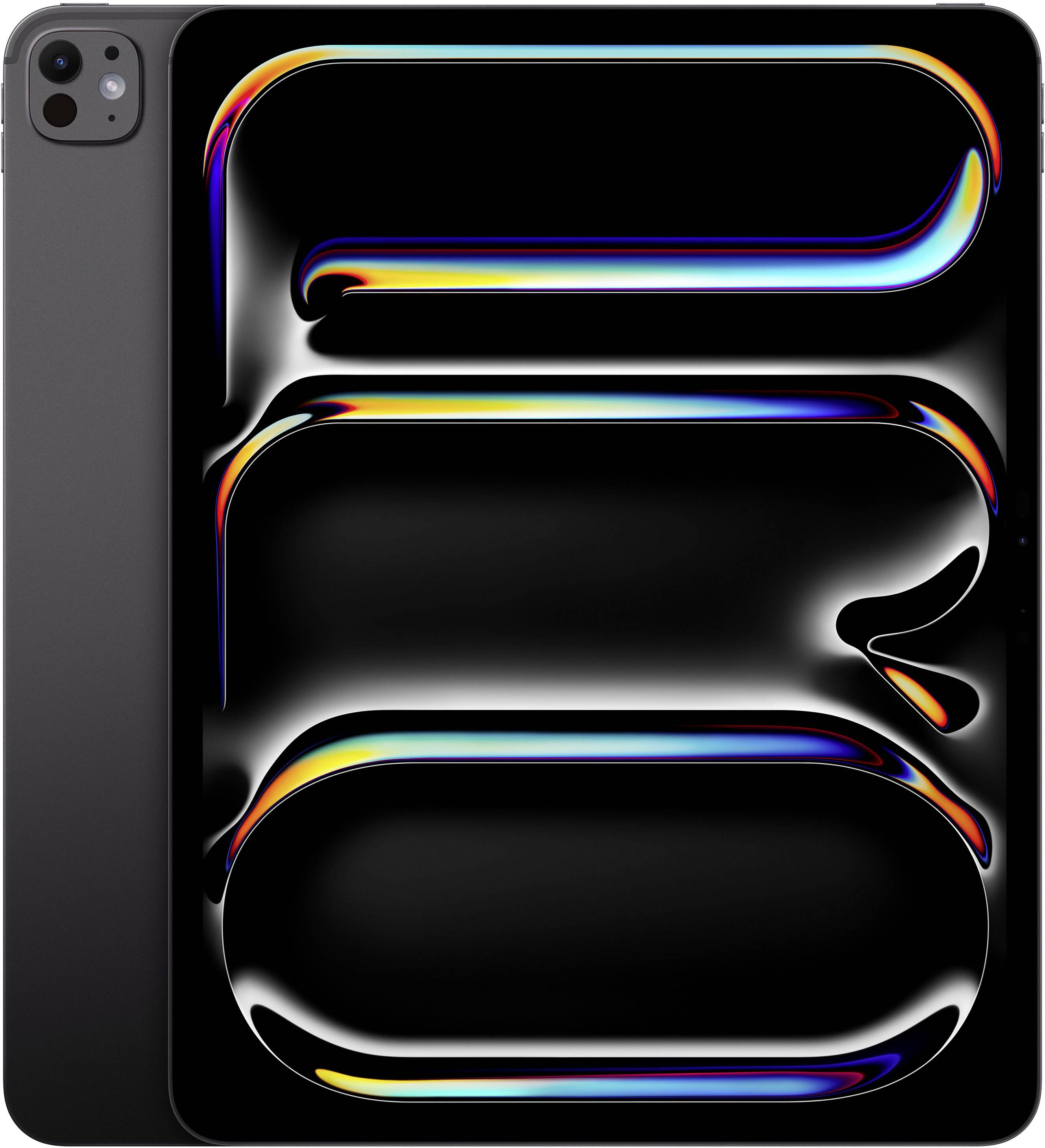 Un tablet moderno con schermo nero mostra un design astratto in colori arcobaleno sul display.