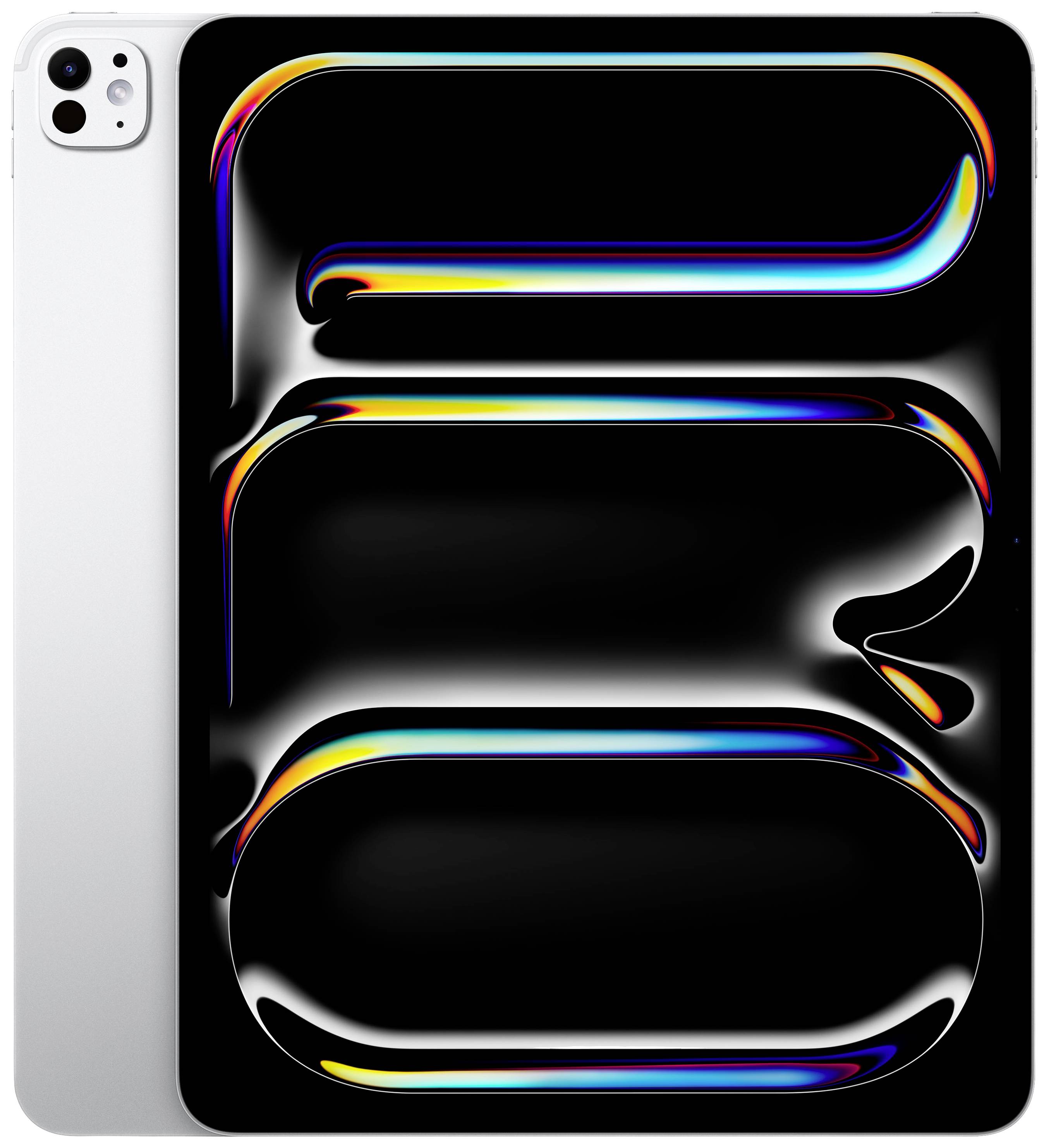 Un tablet argentato con un retro in vetro che rifrangle la luce in colori arcobaleno, su sfondo nero.