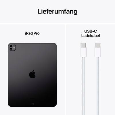 'Contenuto della confezione: mostrati iPad Pro e cavo di ricarica USB-C. L'iPad Pro mostra il retro, il cavo di ricarica ha connettori USB-C su entrambi i lati.'