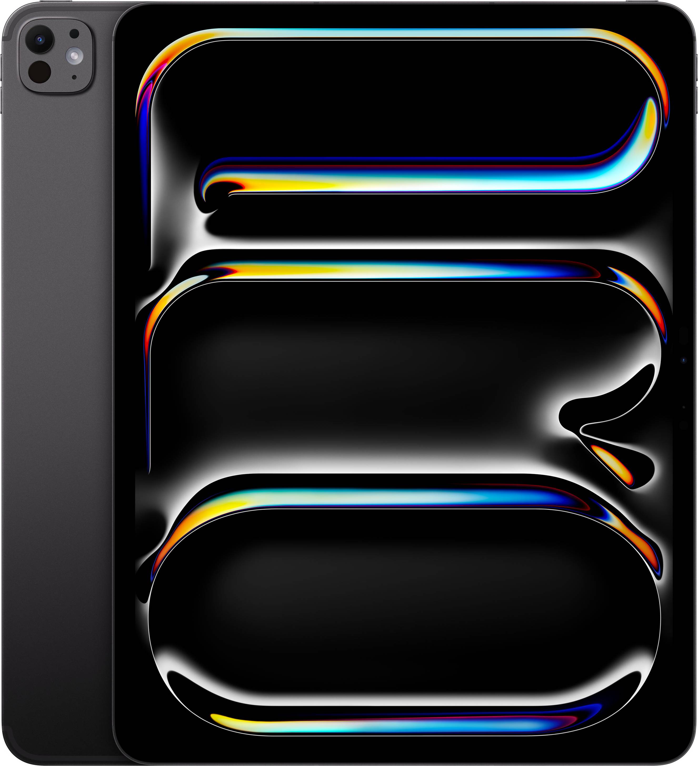 Tablet con schermo nero, su cui sono presenti linee e pattern luminosi e colorati in blu, arancione e giallo.