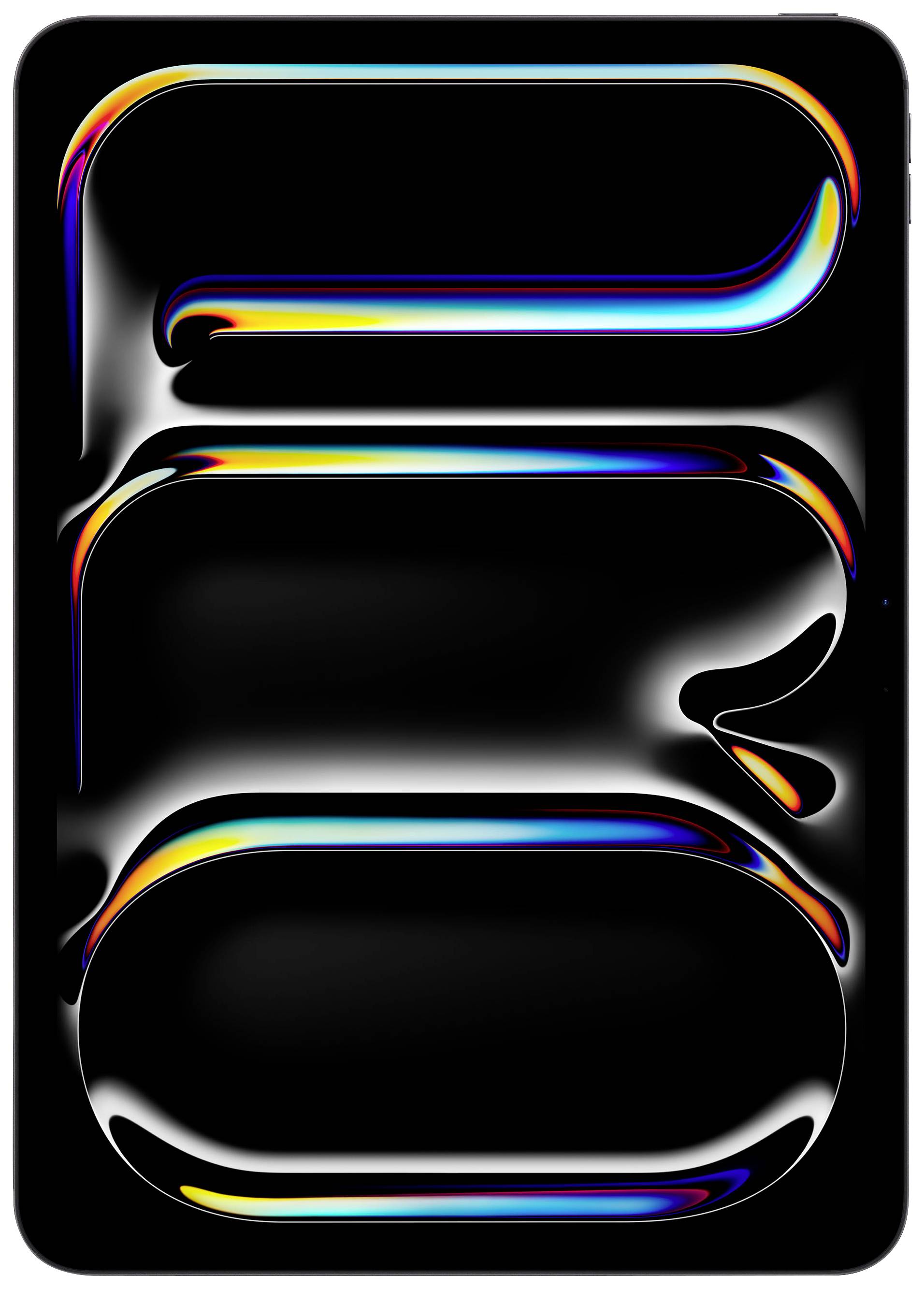 Immagine astratta con sfondo scuro e curve brillanti nei colori dell'arcobaleno che ricordano superfici metalliche, che si muovono sinuosamente e riflettono la luce in modo dinamico.
