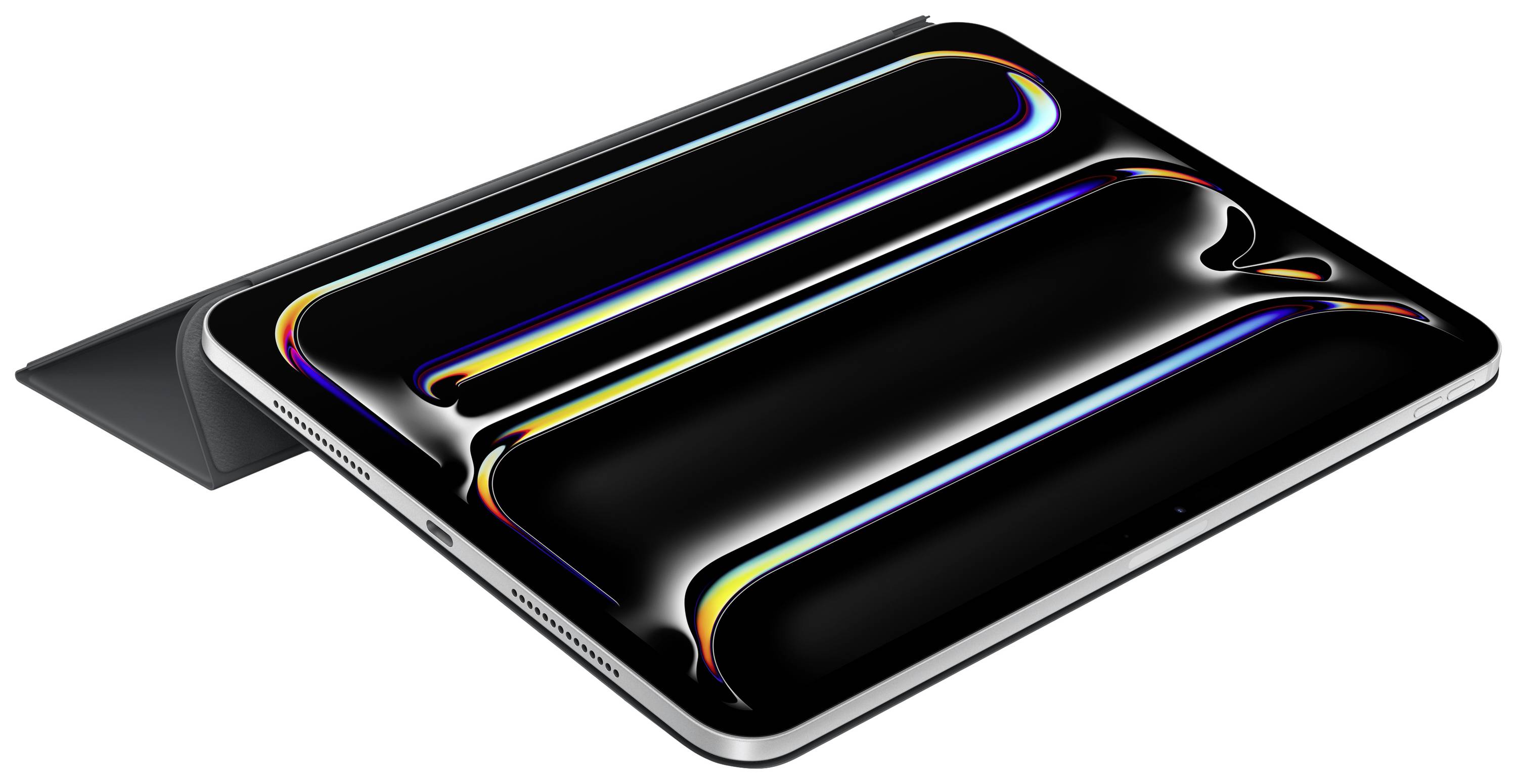 Tablet con schermo spento e un motivo colorato e riflettente, adagiato di lato su un tavolo.