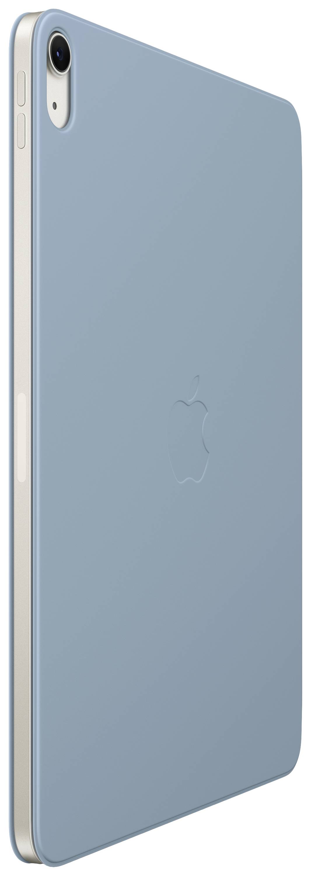 Un tablet blu chiaro con una fotocamera in alto a sinistra e il logo Apple al centro del retro.