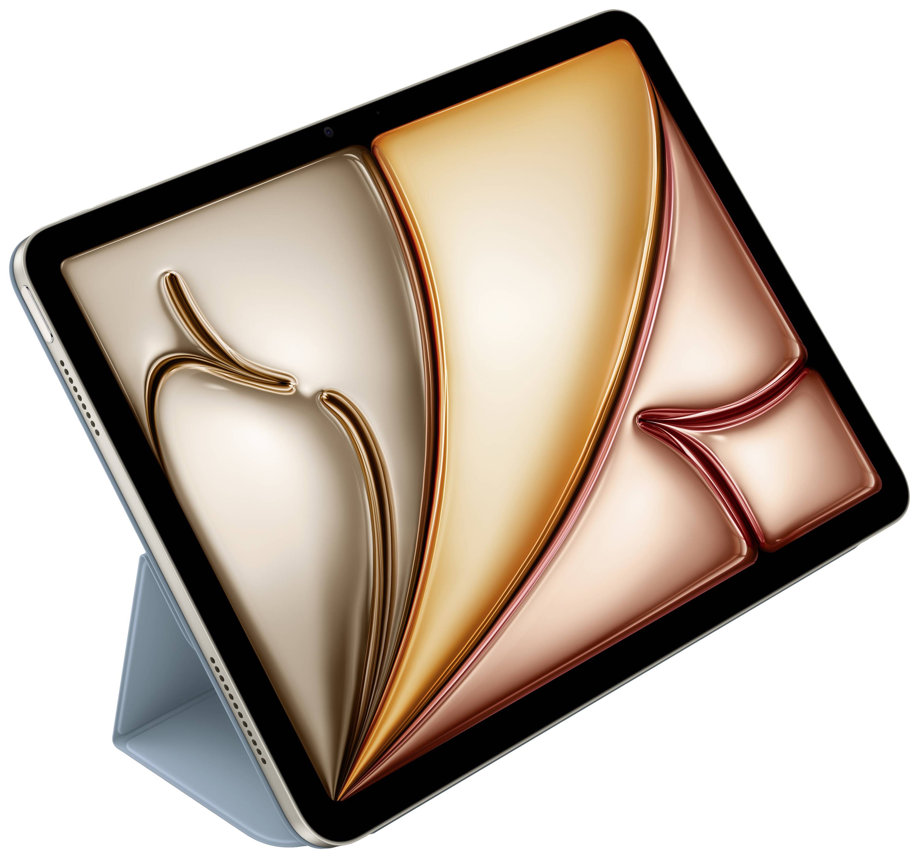 Un tablet con supporto, lo schermo mostra un design astratto in colori terrosi.
