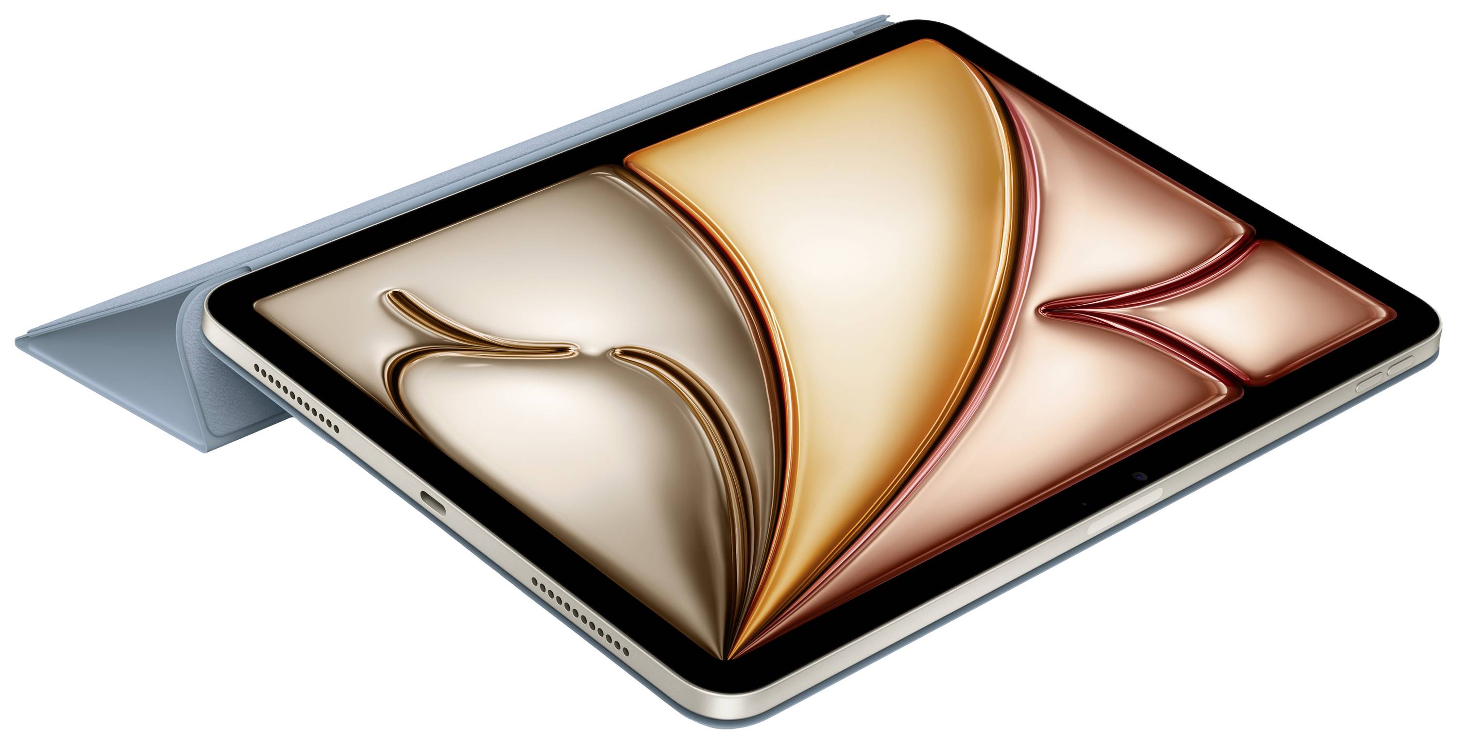 Tablet con cornice sottile e penna, su cui viene visualizzato un design astratto in tonalità di beige e arancione.