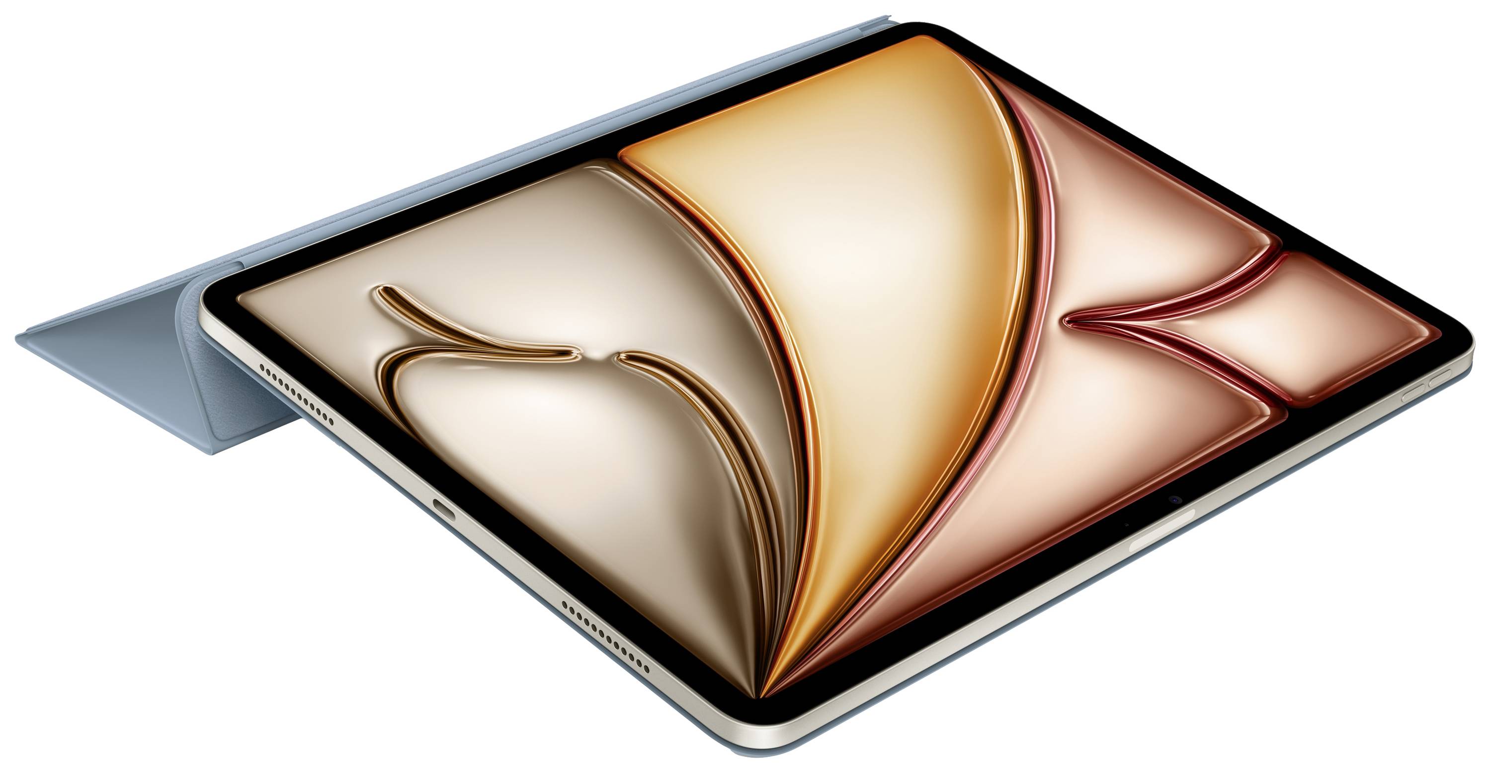 Tablet in visuale angolata con rappresentazione astratta e colorata sullo schermo, poggiante su una copertina azzurra chiara.