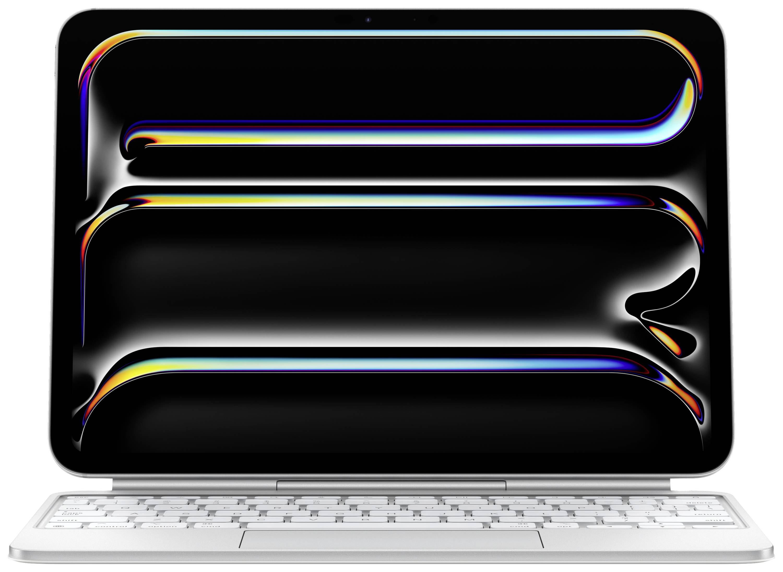 Un laptop con display lucido mostra linee colorate e curve su uno sfondo nero, che rappresentano un design moderno.