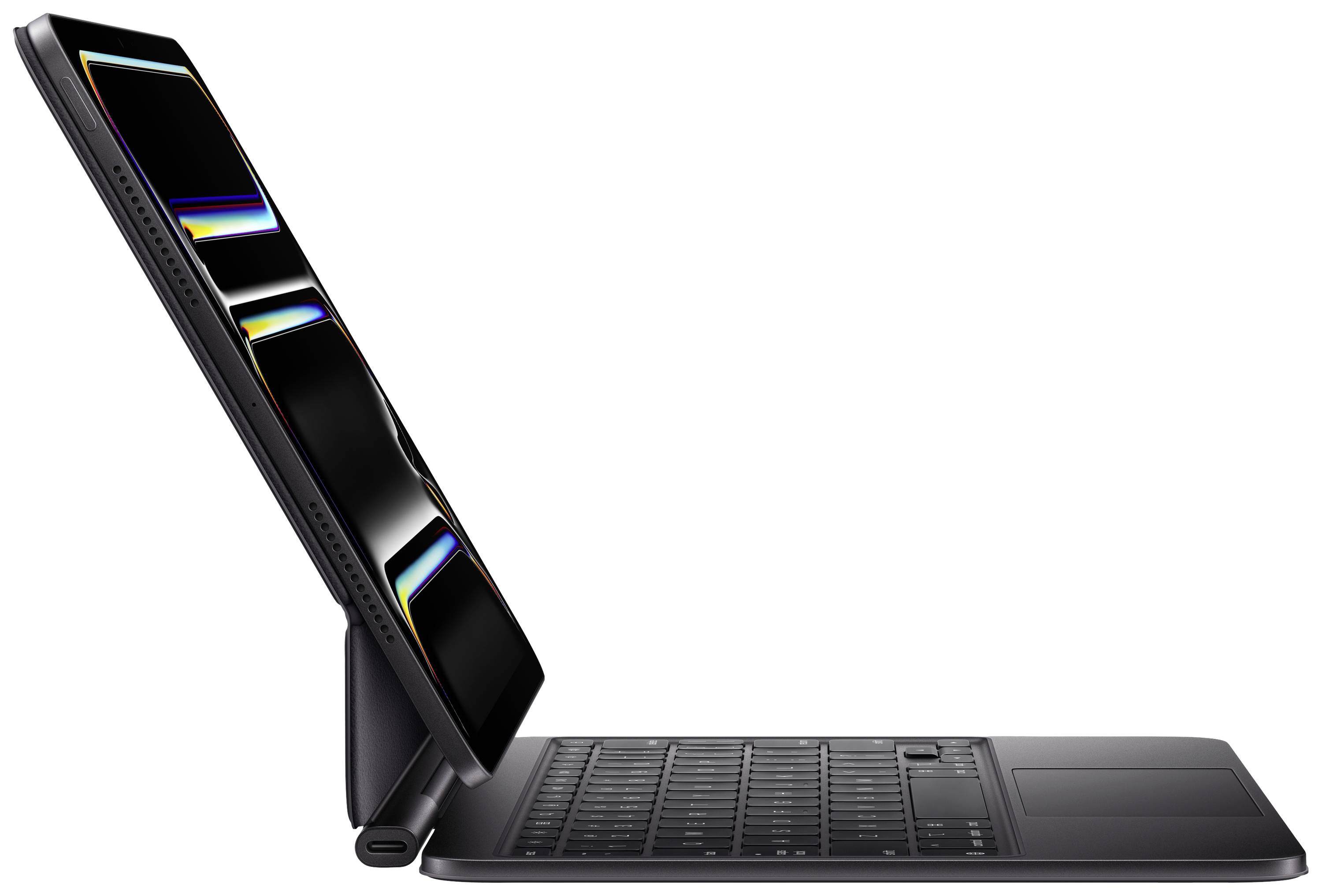 Tablet con dock tastiera, vista laterale. Schermo acceso, mostra modelli rettangolari colorati. Elegante e moderno.
