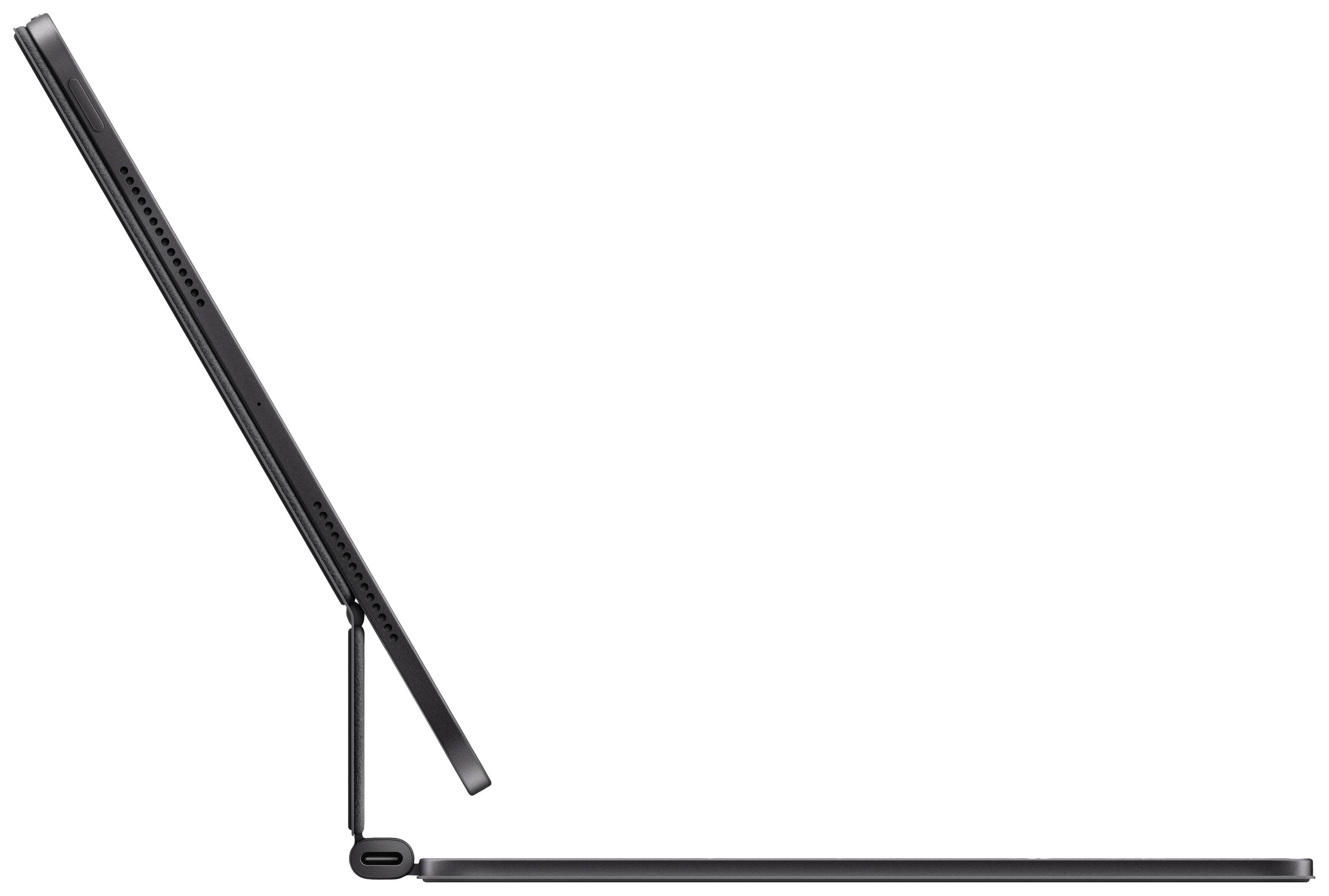 Un tablet è collegato lateralmente a una custodia per tastiera e leggermente aperto, mostrando un design sottile e moderno.