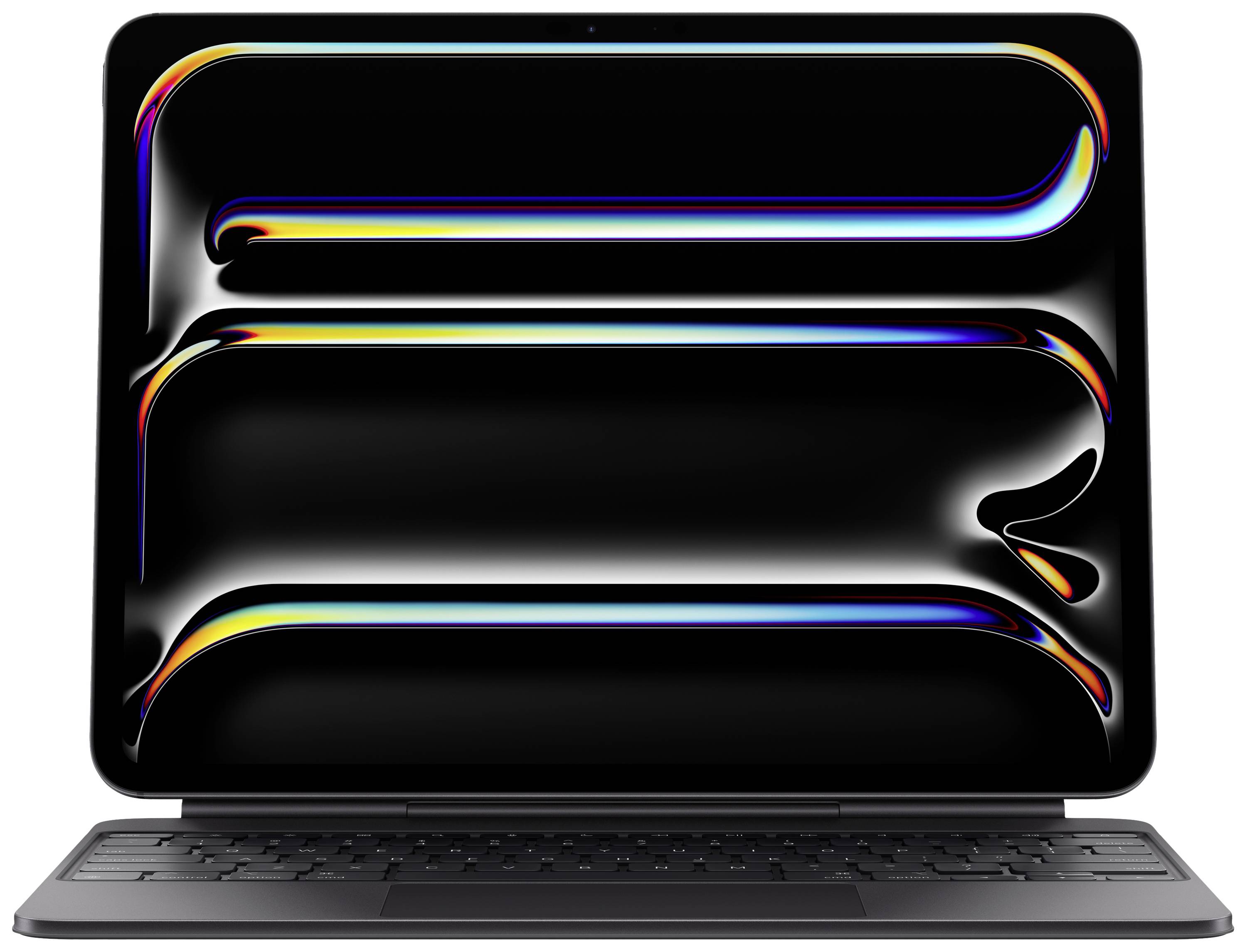 Un laptop con un design astratto e colorato sullo schermo, che mostra linee e curve luminose su uno sfondo nero.