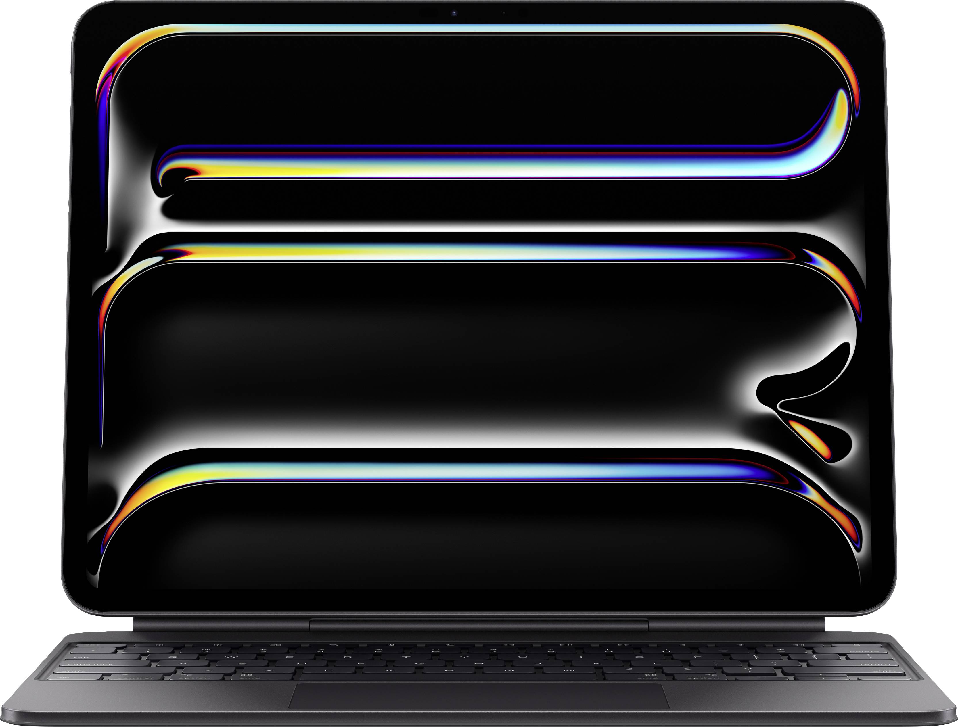 Un laptop con un impressionante display Retina che mostra riflessi luminosi colorati sotto forma di linee curve sullo schermo.