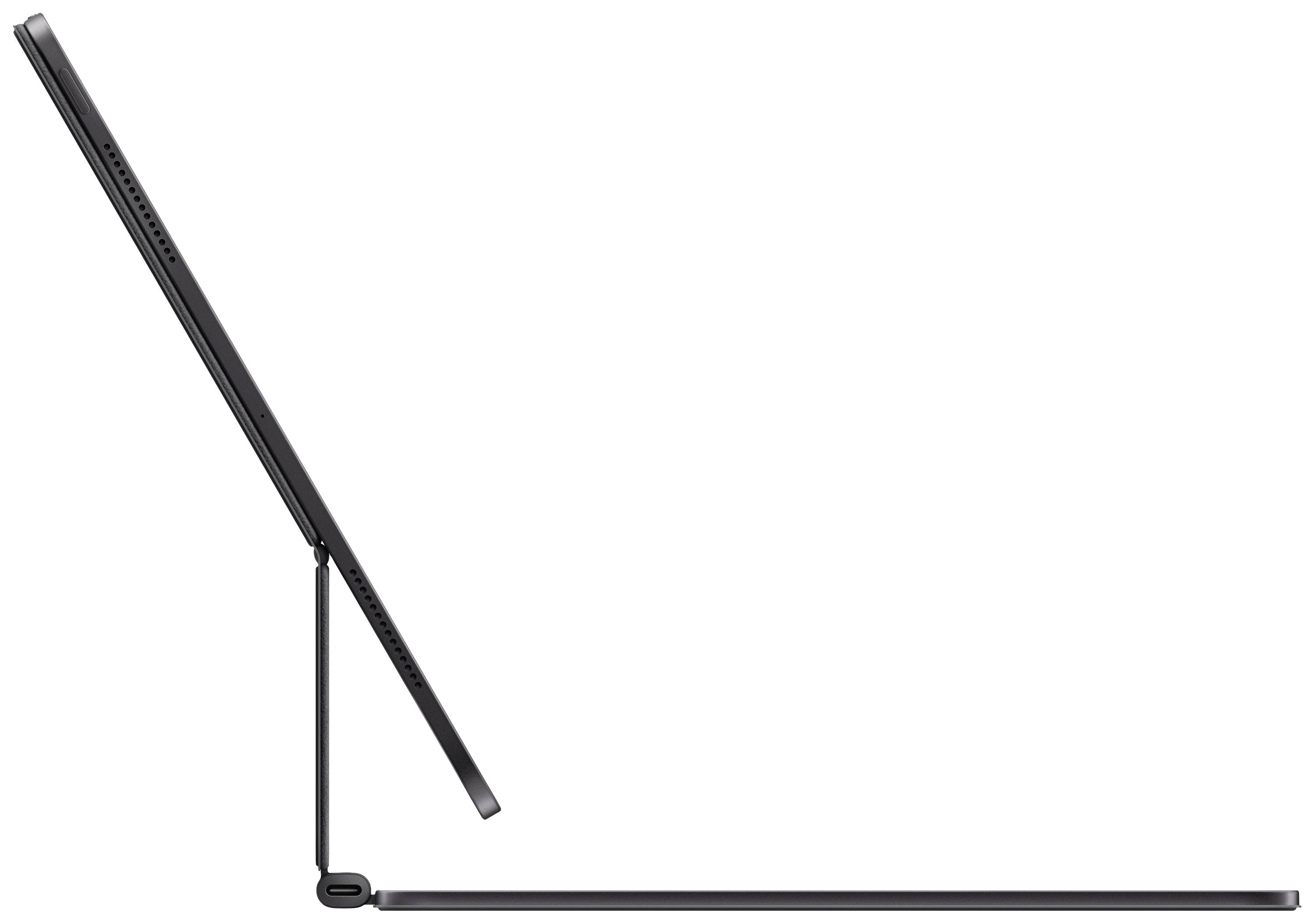 Vista laterale di un tablet con supporto per tastiera, posizionato in un angolo che agevola la digitazione.