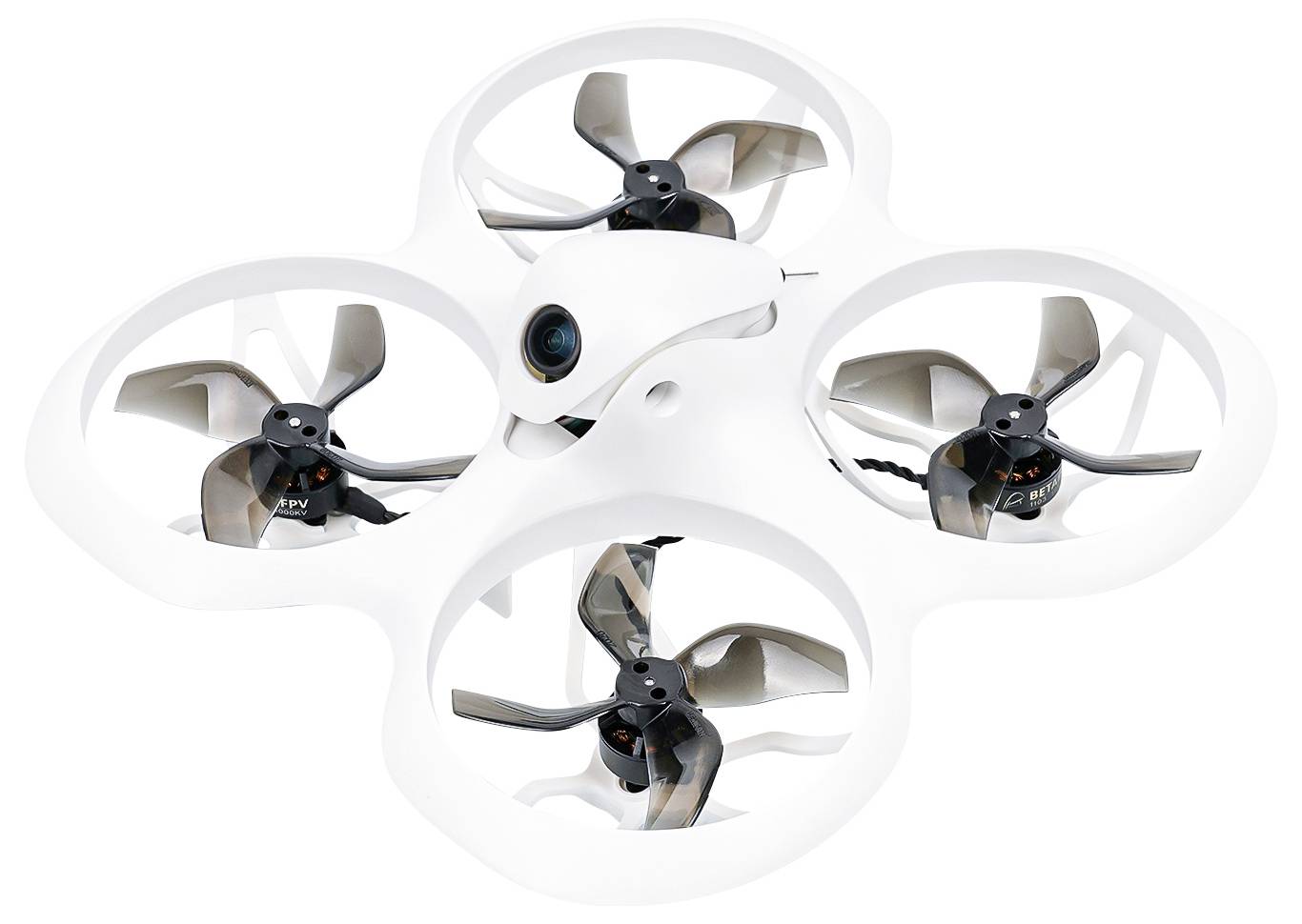 Drone bianco con quattro rotori e fotocamera, appositamente progettato per riprese aeree e voli in ambienti interni.