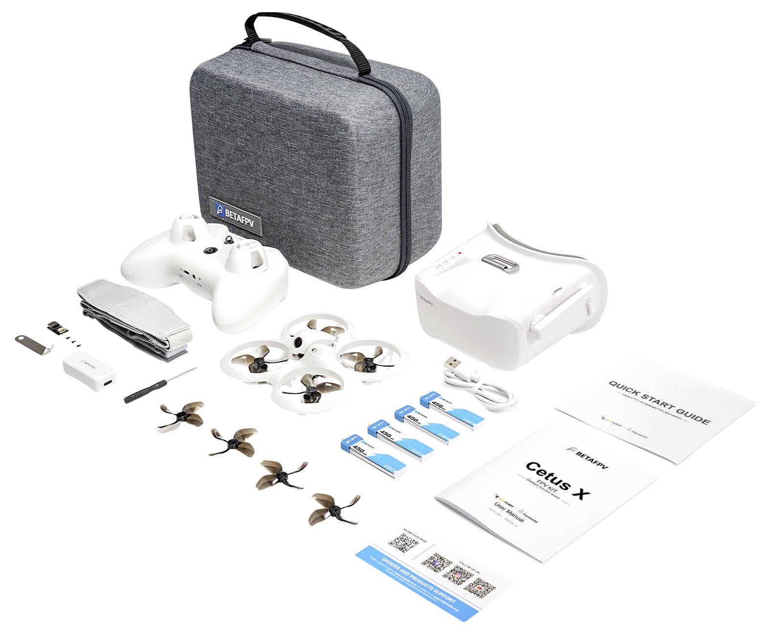 Set di droni FPV con controller, occhiali, drone, eliche di ricambio, batteria, caricabatterie e manuali. Tutto in una borsa da trasporto grigia.