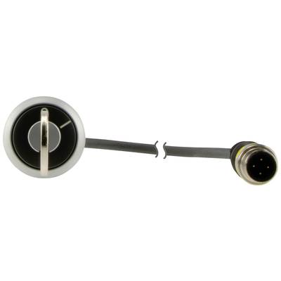 Interruttore basculante nero rotondo con leva argentata, collegato tramite un cavo con un connettore multipolare.