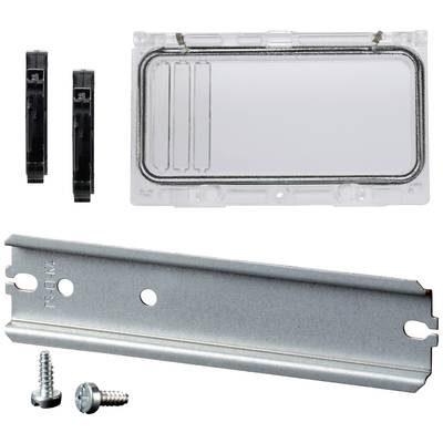 Set di accessori composto da un coperchio trasparente in plastica, due clip nere, un supporto in metallo e due viti.