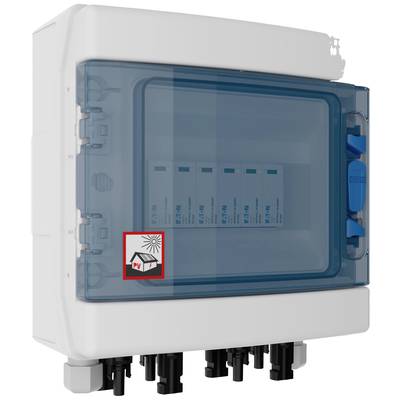Quadro elettrico con coperchio blu trasparente, contenente interruttori per l'impianto fotovoltaico, identificabili dal simbolo PV.