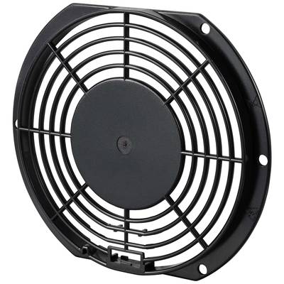 Griglia di ventilazione rotonda nera in plastica con diversi schemi di fori, adatta a coprire un ventilatore per fornire protezione.