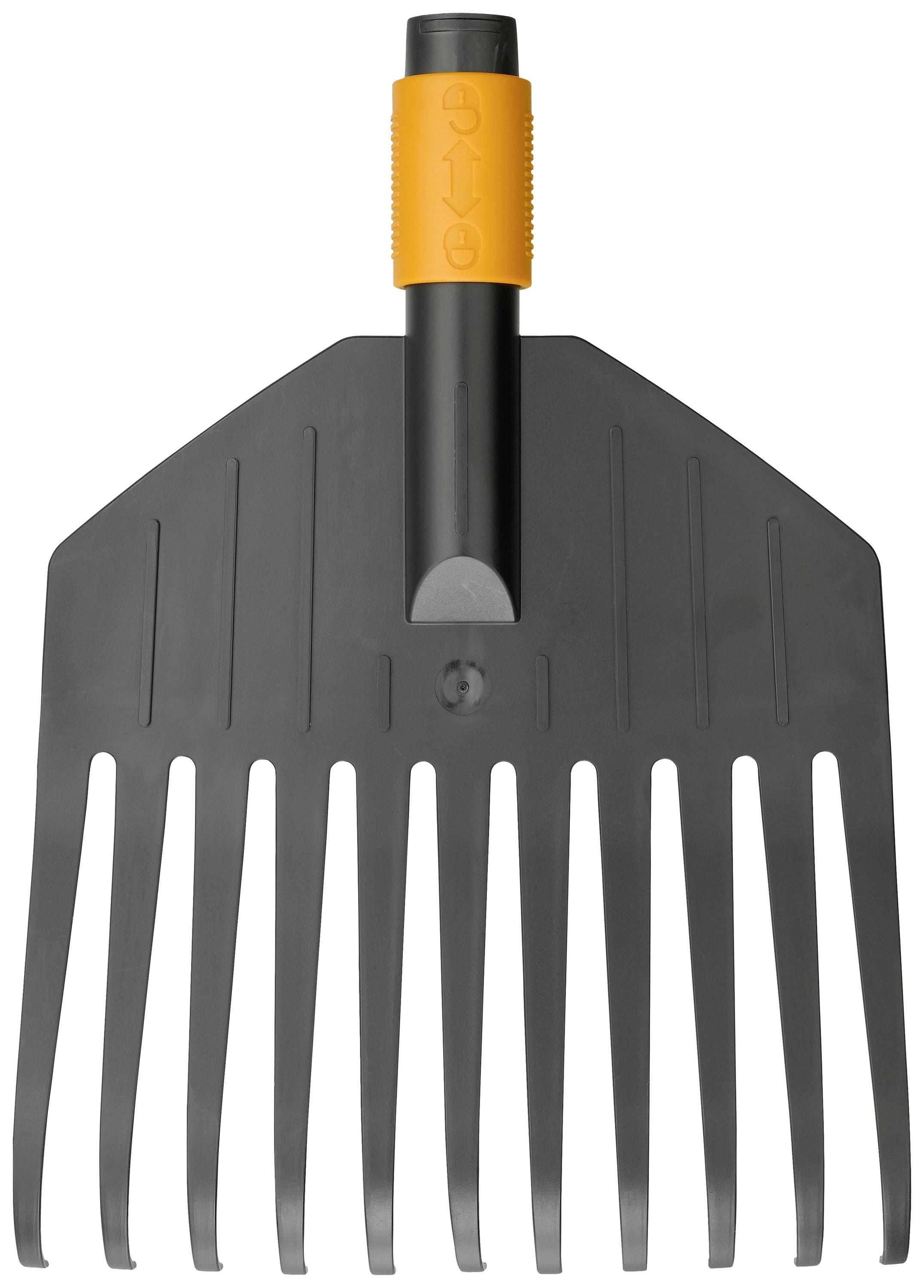 Un rastrello nero per foglie con un manico arancione.